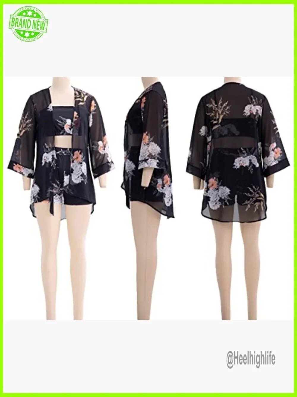 Floral 3-Piece Cover Up Set with Cardigan Crop Top Skinny Pants